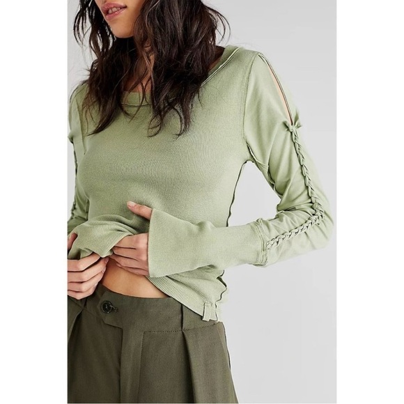 Free People We The Free Top Daisy Chain Cuff Long Sleeve Tee Green Tea Leaves L - Picture 1 of 14
